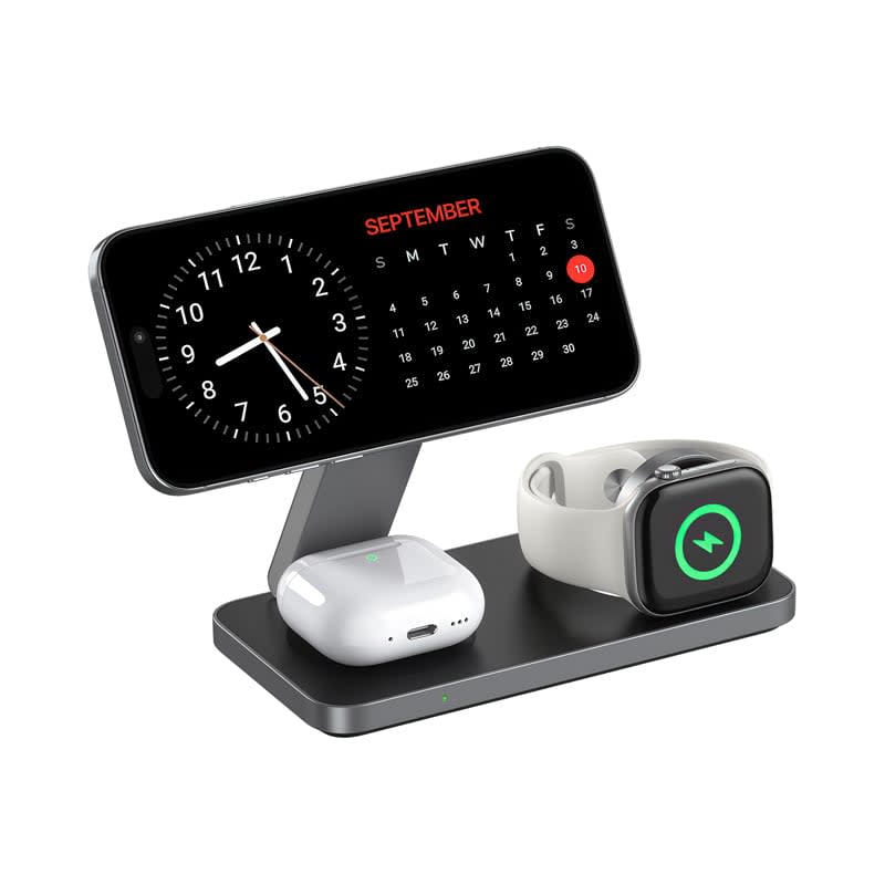 A magnetic wireless charging station in black, featuring slots for a phone, AirPods, and an Apple Watch. Rodgers 15W 3n1 Magnetic Wireless Charging Station (Stock) - Image 1
