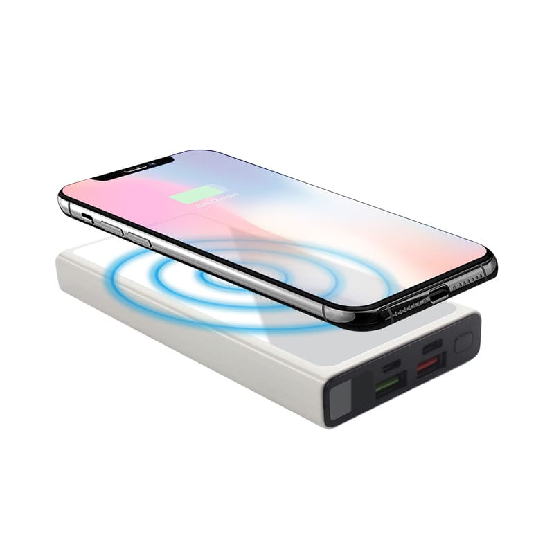 A white wireless power bank with a smartphone above it, indicating wireless charging functionality. Boston Quick Charge Wireless Power Bank - 10,000 mAh - Image 1