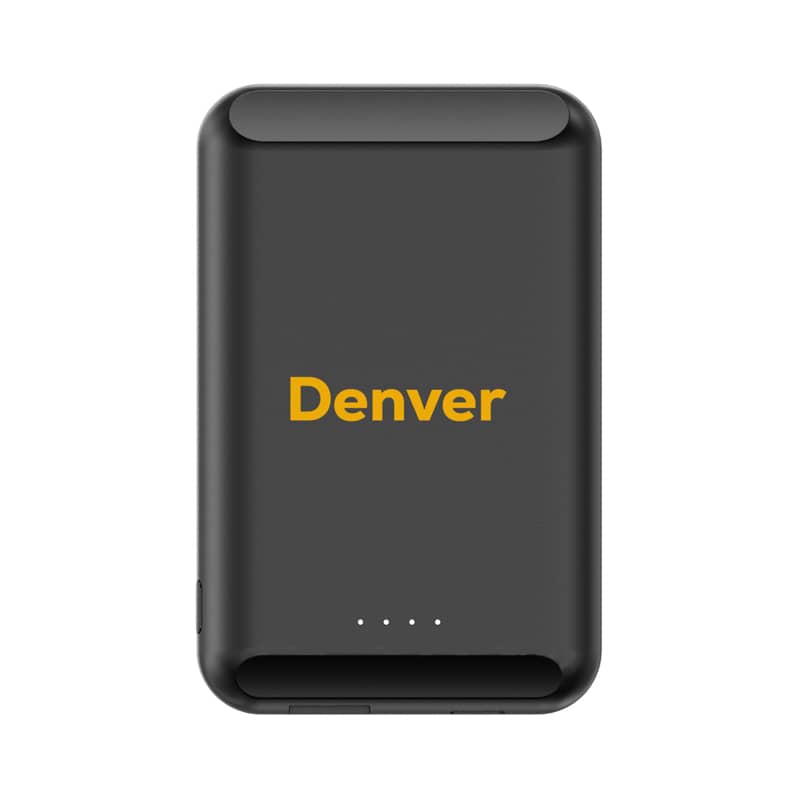 A black Denver magnetic wireless power bank with a logo and indicator lights on the front. Denver Magnetic Wireless Power Bank - 5000 mAh - Image 1