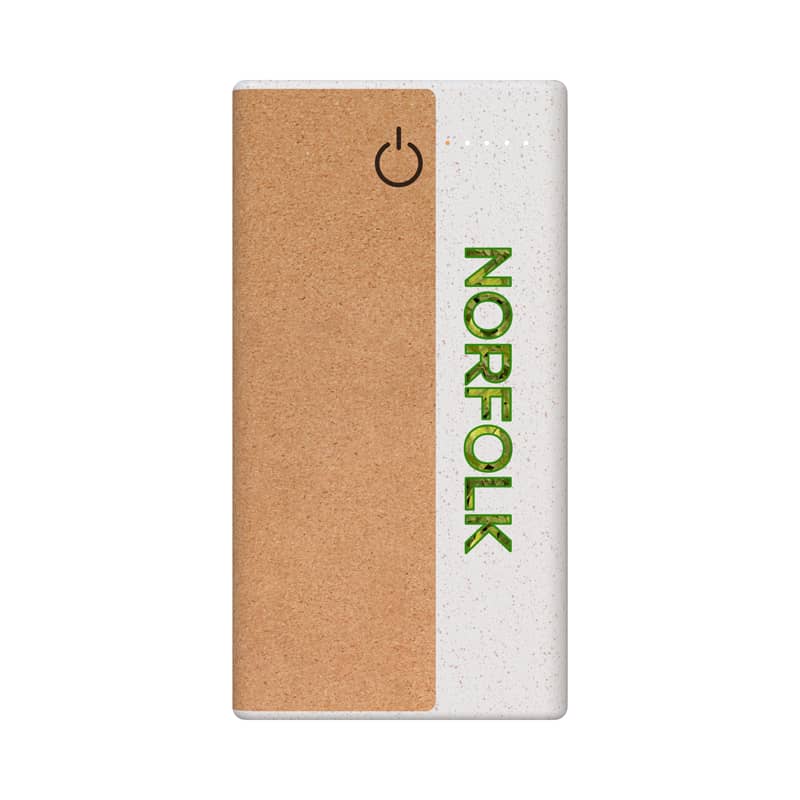 A wireless eco power bank in white with a cork panel, featuring a logo and a power button. Norfolk 15W Wireless Eco Power Bank - 10,000 mAh (Stock) - Image 1