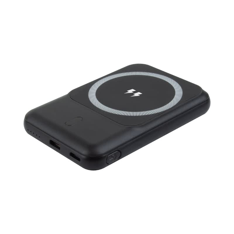 A black power bank with a circular design and lightning symbol, featuring USB-C and a port for charging. Jordan 15W MagSafePower Bank - 5000 mAh (Stock) - Image 1