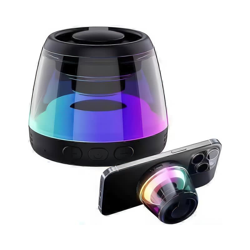A Bluetooth speaker stand in black with a clear body displaying RGB LED lights and a smartphone placed next to it. Pacific Magnetic Bluetooth Speaker Stand with RGB LED Light (Stock) - Image 1