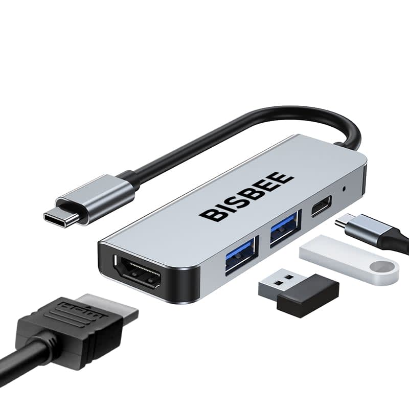 A silver USB hub with multiple ports, including HDMI and USB-A, and a Type-C cable. It has a logo. Bisbee Type-C Hub (Power Direct, HDMI) - Image 1