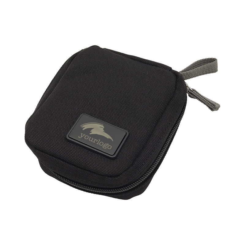 A black eco accessory pouch with a zip closure and a logo patch on the front. Rumi Eco Accessory Pouch (S) - Image 1