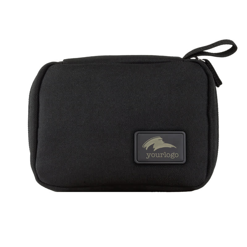 A black eco accessory pouch featuring a logo, ideal for toiletries and small items. Rumi Eco Accessory Pouch (M) - Image 1