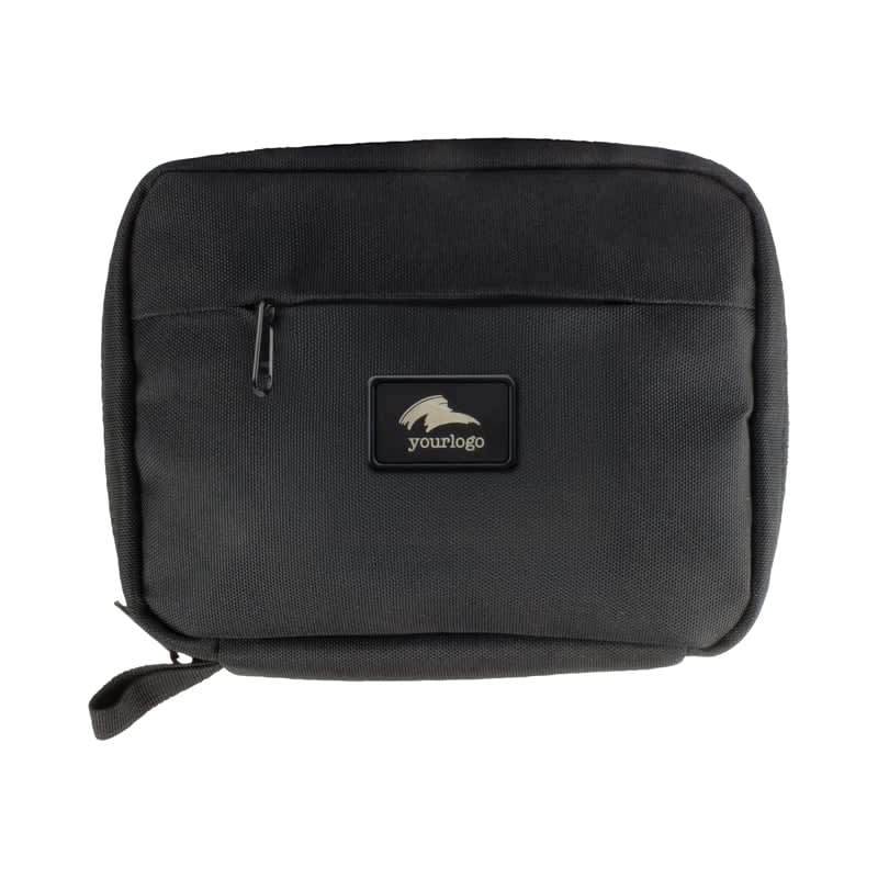 A black eco accessory pouch with a zippered pocket and a logo. The pouch has a rectangular shape and sturdy design. Rumi Eco Accessory Pouch (XXL) - Image 1