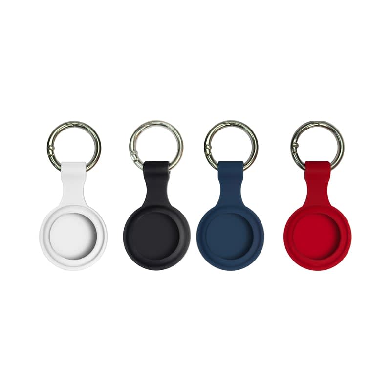 A set of four silicone Airtag cases in white, black, navy blue, and red, each with a metal keyring. Aspen Silicone Airtag Case - Image 1