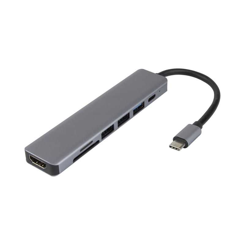 A grey Type-C hub with multiple ports including Type-C, Type-A, HDMI, and SD card slots. Hayden Type-C Hub (Type-C, Type-A, HDMI, PD100W) - Image 1