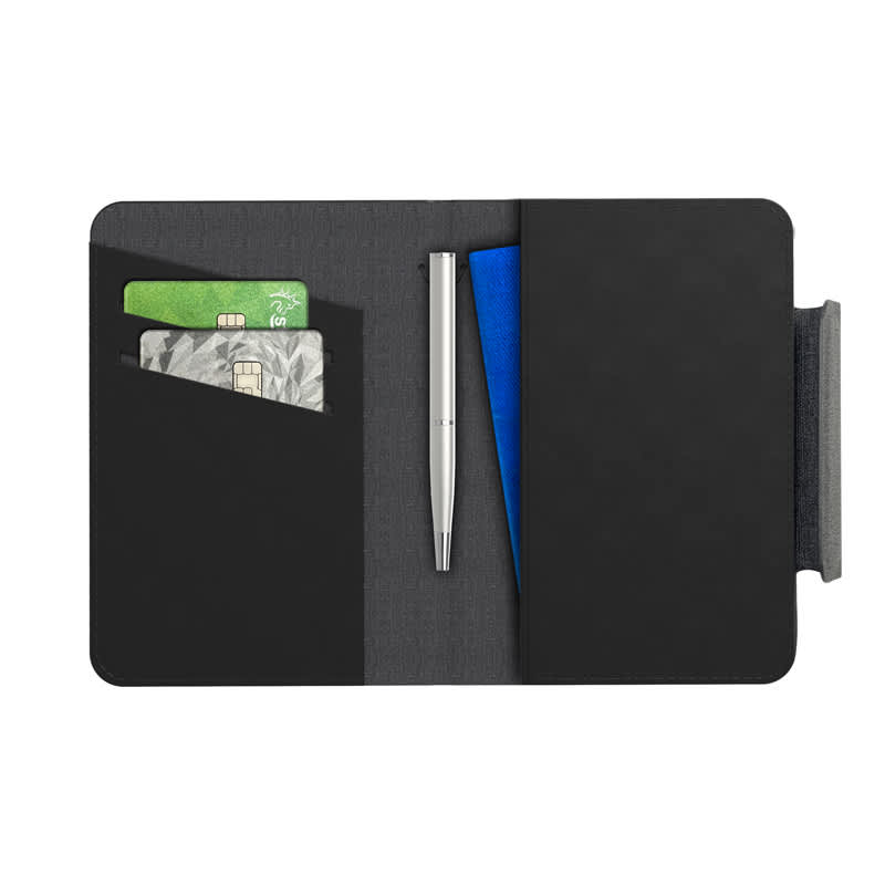 A black passport holder containing credit cards, a silver pen, and a blue document. It features a logo on the exterior. MiTag Duo Passport Holder with Global Tracking Tag - Image 1