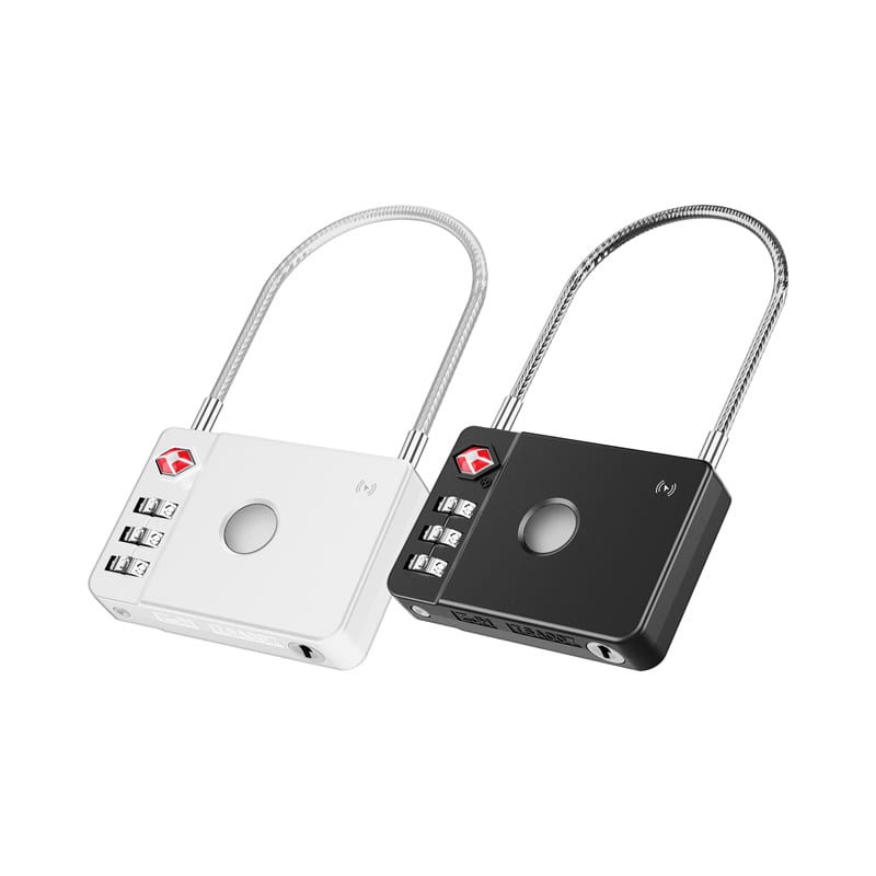 A white and black MiLock Duo Tag Luggage Lock with a flexible metal shackle and numeric combination dials. MiLock Duo Tag Luggage Lock - Image 1