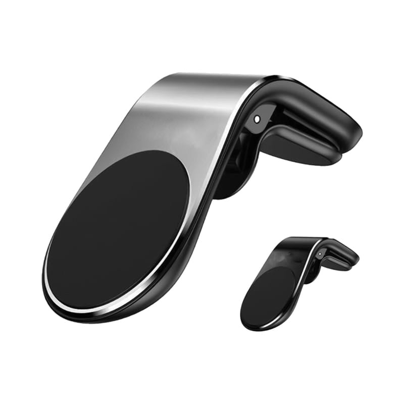 A sleek silver and black magnetic car phone holder with a curved design and a circular magnetic pad. Sourecy Magnetic Car Phone Holder - Image 1