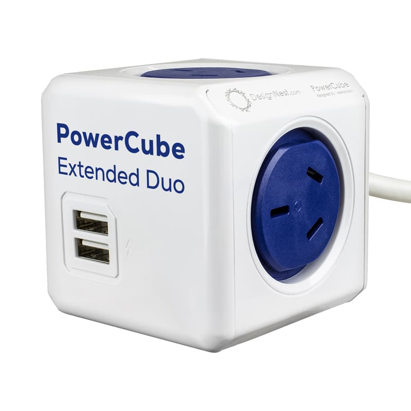 A white power cube with a blue top featuring two USB ports and two Australian power outlets. It has a logo. Power Cube Extended Duo USB (2A) - Image 1