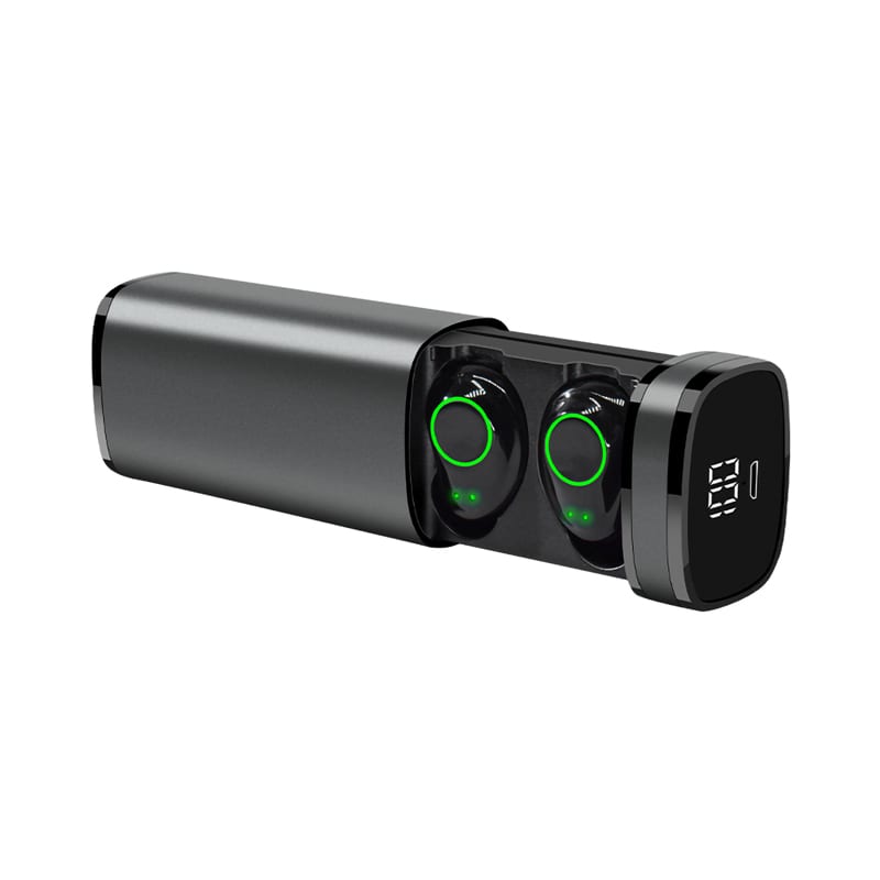 A pair of black Royston TWS earbuds in a charging case with a digital display. The case is sleek and cylindrical. Royston TWS Earbuds - Image 1