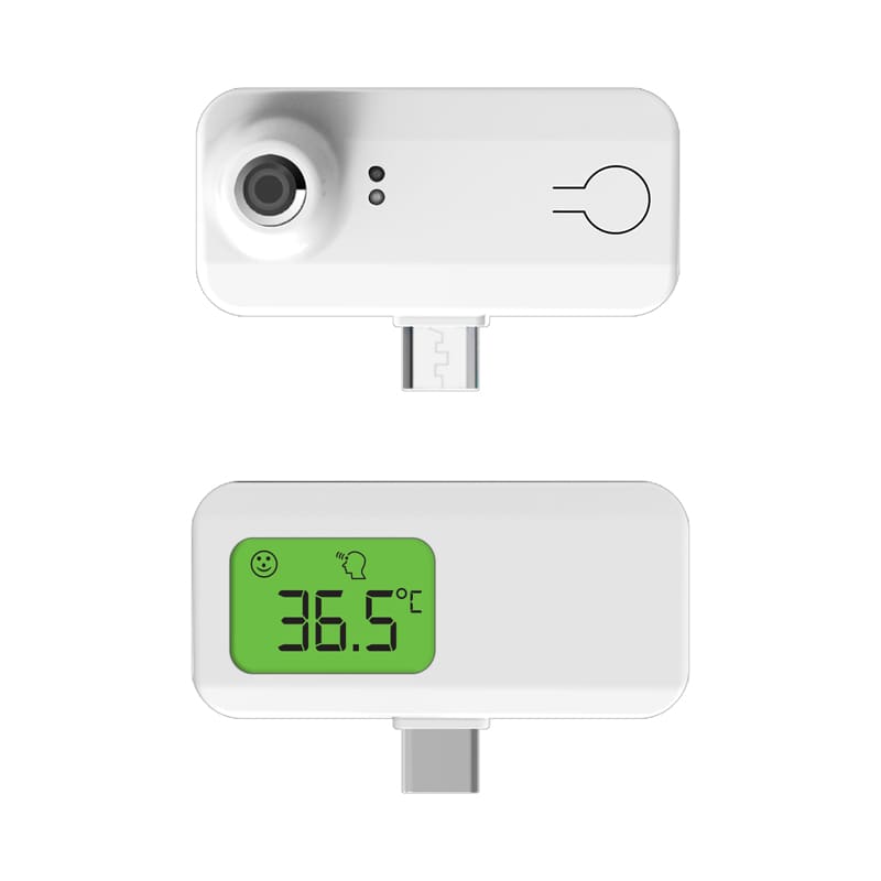 A white thermometer with a digital display showing temperature. It has a connector for smartphones and a logo on the side. Volte Smart Phone Thermometer - Image 1