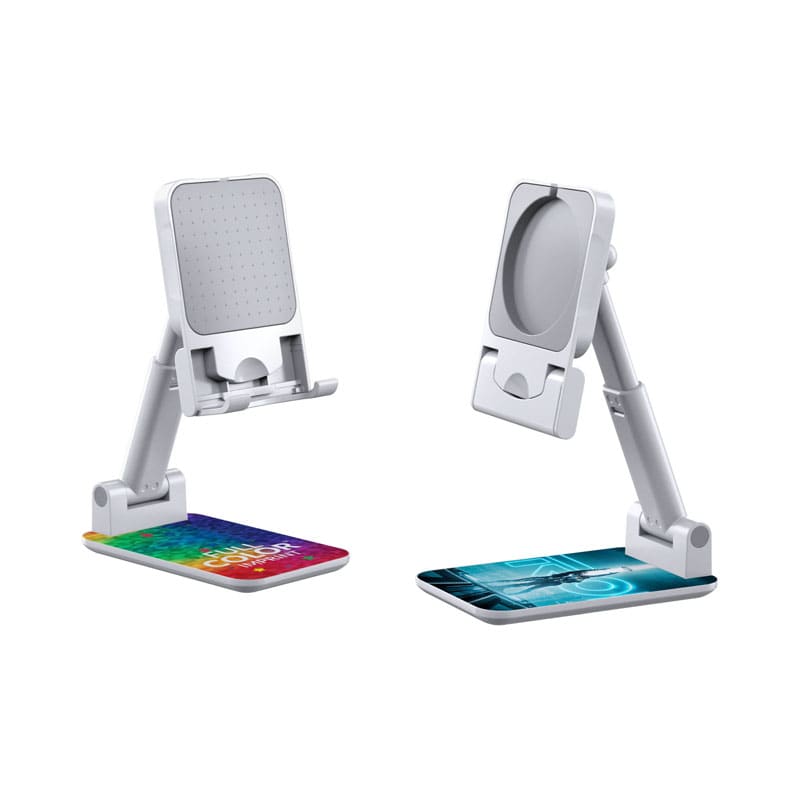 A foldable phone stand in white, featuring adjustable angles and a sleek design. Includes a logo on the base. Powell Pro Foldable Stand (Exit Stock) - Image 1