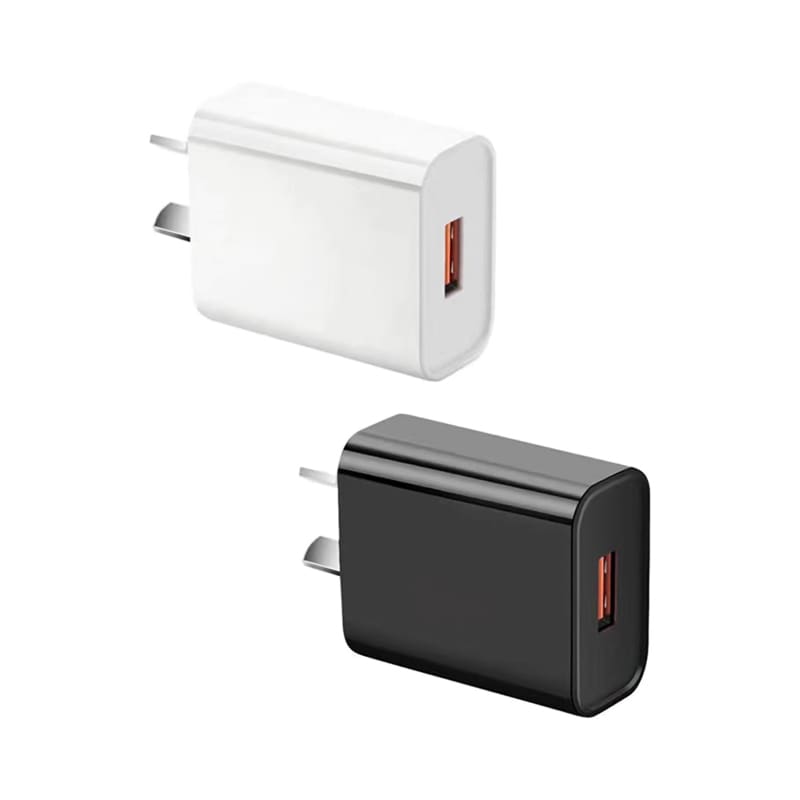 A USB wall charger in white and black, featuring a single charging port and a compact design. Timms Fast USB Wall Charger (QC3.0, 18 Watt) - Image 1