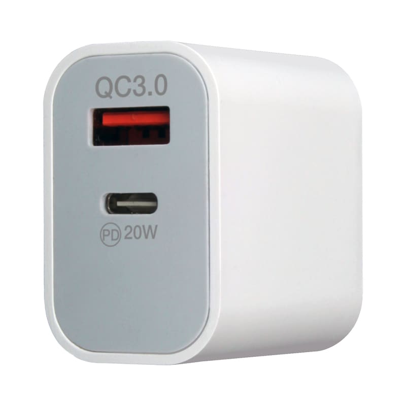 A white wall charger featuring Quick Charge 3.0 and a USB-C port, designed for quick charging devices. Alba 20W Quick Charge 3.0 Wall Charger - Image 1
