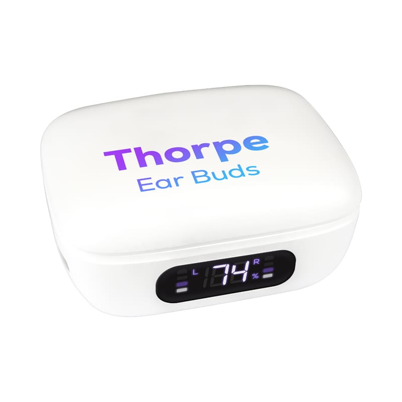 A white charging case for Thorpe TWS Earbuds with an LED display and branding. Thorpe TWS Earbuds - Image 1