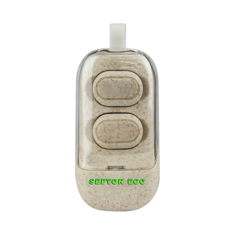 A pair of beige eco-friendly TWS earbuds in a transparent charging case, featuring a logo on the front. Sefton Eco TWS Earbuds - Image 1