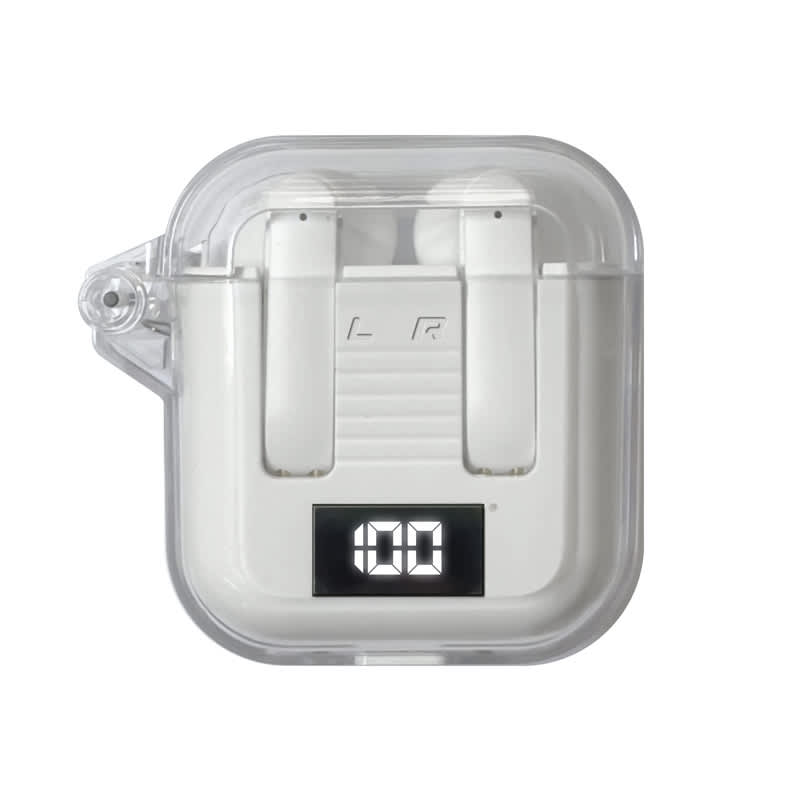 A pair of white wireless earbuds in a transparent charging case, featuring a digital display. Riverton Crystal TWS Earbuds - Image 1