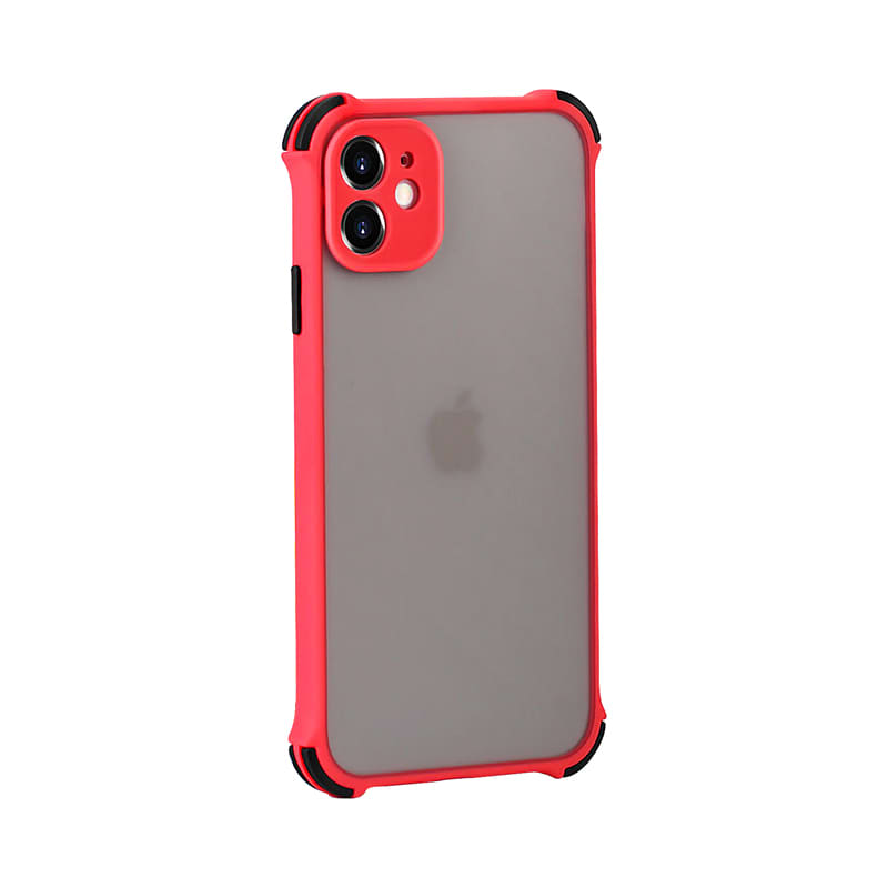A rugged iPhone case in vibrant red with a clear back and black accents, featuring a logo on the back. Powell Rugged iPhone Case - Image 1