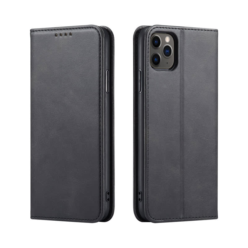 A black folio iPhone case with a textured finish, featuring openings for buttons and a camera, and a logo. Bronte Folio iPhone Case - Image 1
