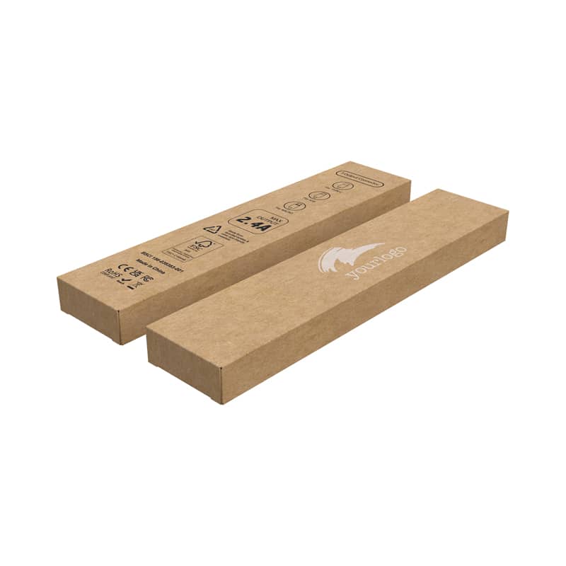 A brown cardboard box containing a charging cable with branding and various symbols printed on the surface. Recycled Kraft Tuck Box with Logo (210 x 45 x 17 mm) - Image 1