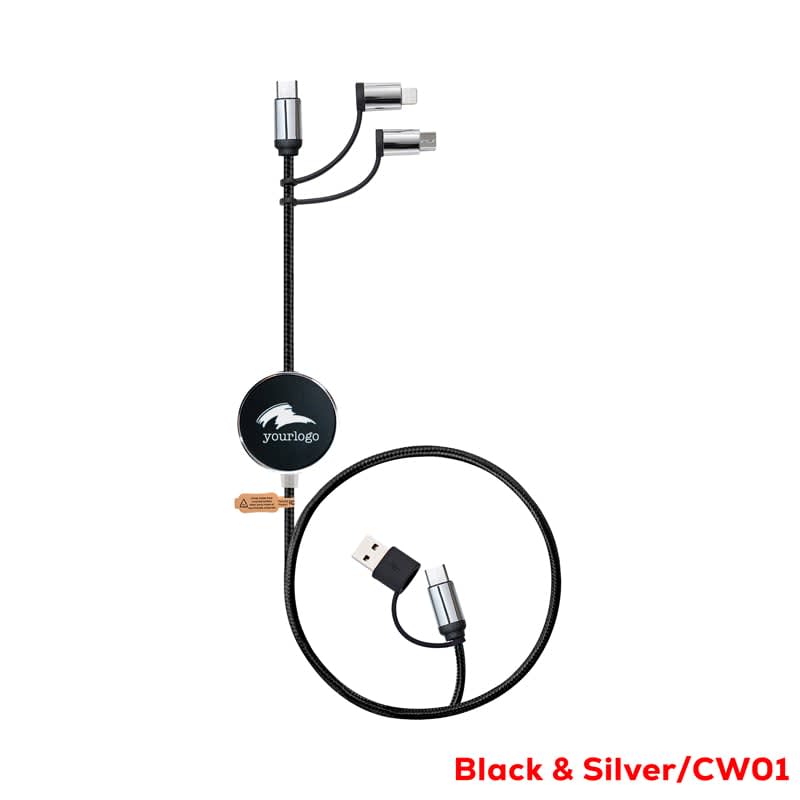 A black and silver LED charging cable with multiple connectors and a retractable design. It includes a logo. Novara 60W Fast Charge and Data Sync LED Cable - Image 1