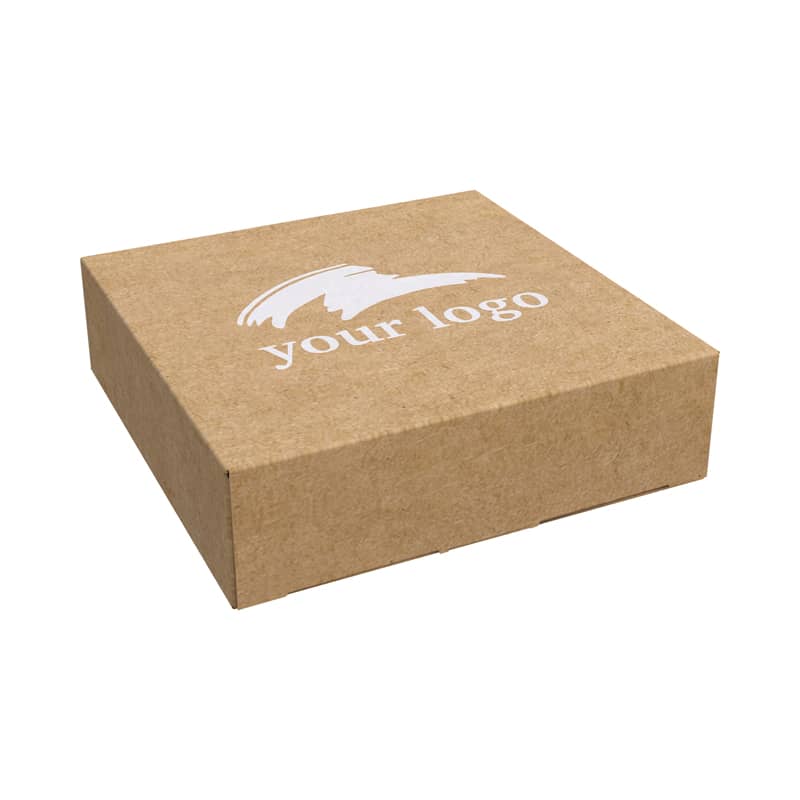 A square, brown kraft box featuring a logo on top, suitable for packaging products. Recycled Kraft Tuck Box with Logo (85 x 75 x 25 mm) - Image 1