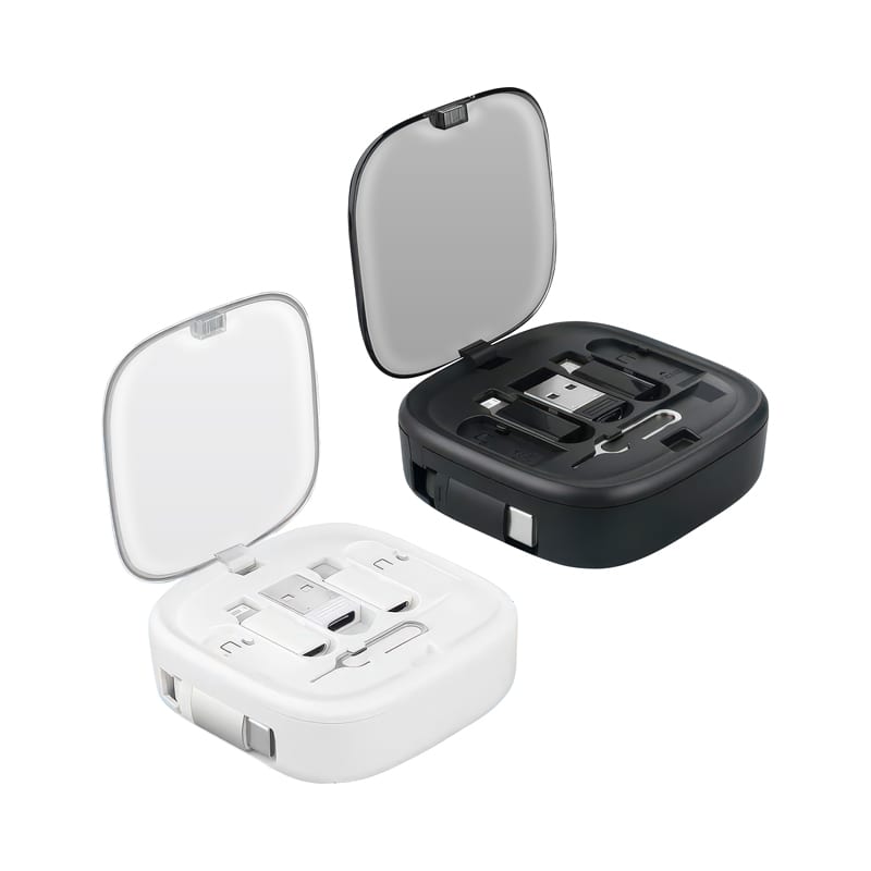 A retractable charging and data cable set in black and white cases, featuring connectors for various devices. Catania Retractable 60W Fast Charging and Data Cable Set - Image 1