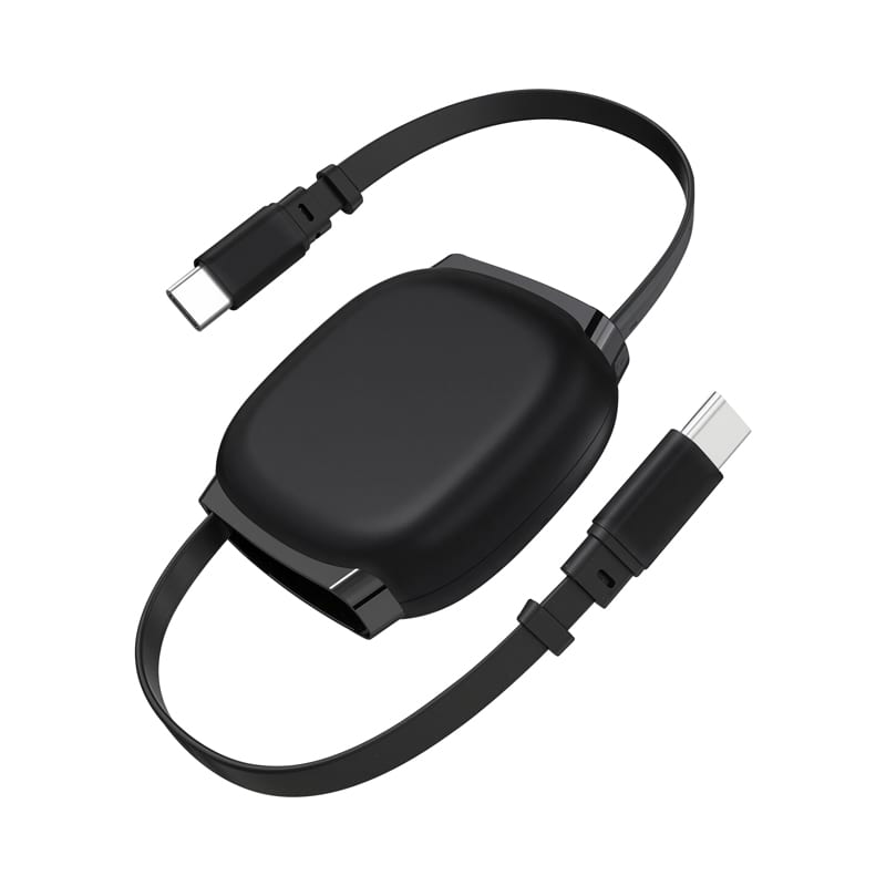 A black retractable charging data cable with USB-C connectors, featuring a compact design and a branding logo. Paulo 100W Retractable Charging Data Cable - Image 1