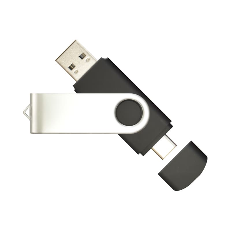 A black and silver Mix N Match Type-C flash drive with a swivel design and dual connectors. Mix N Match Type-C Flash Drive (Stock) - Image 1