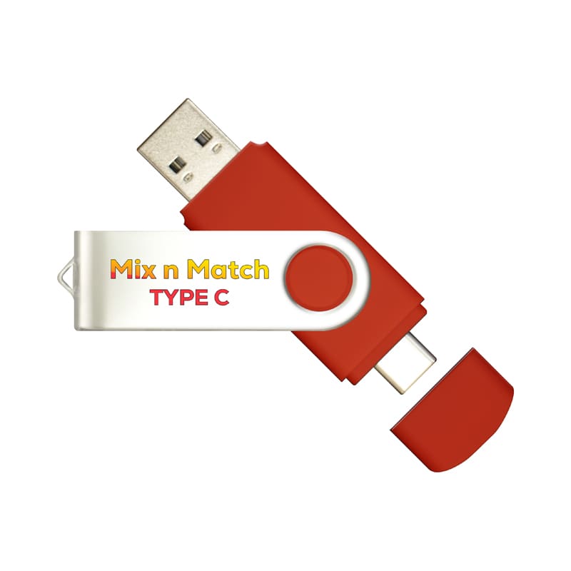 A red Mix N Match Type-C flash drive with a silver swivel section and a protective cap. It features a logo. Mix N Match Type-C Flash Drive - Image 1