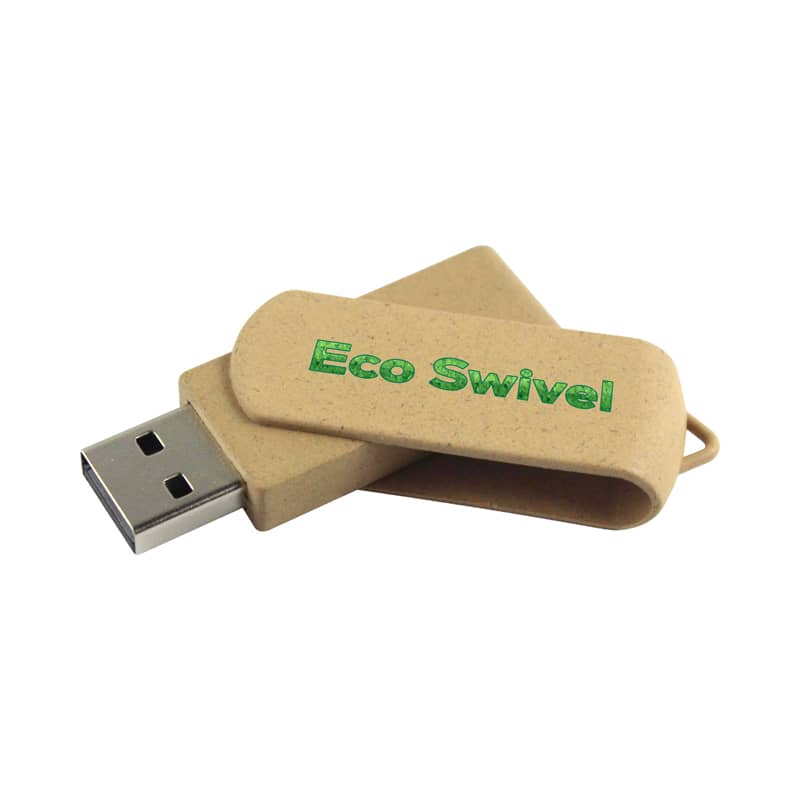 An eco-friendly beige flash drive with a swivel design and a logo featuring green text. Eco Swivel Flash Drive - Image 1
