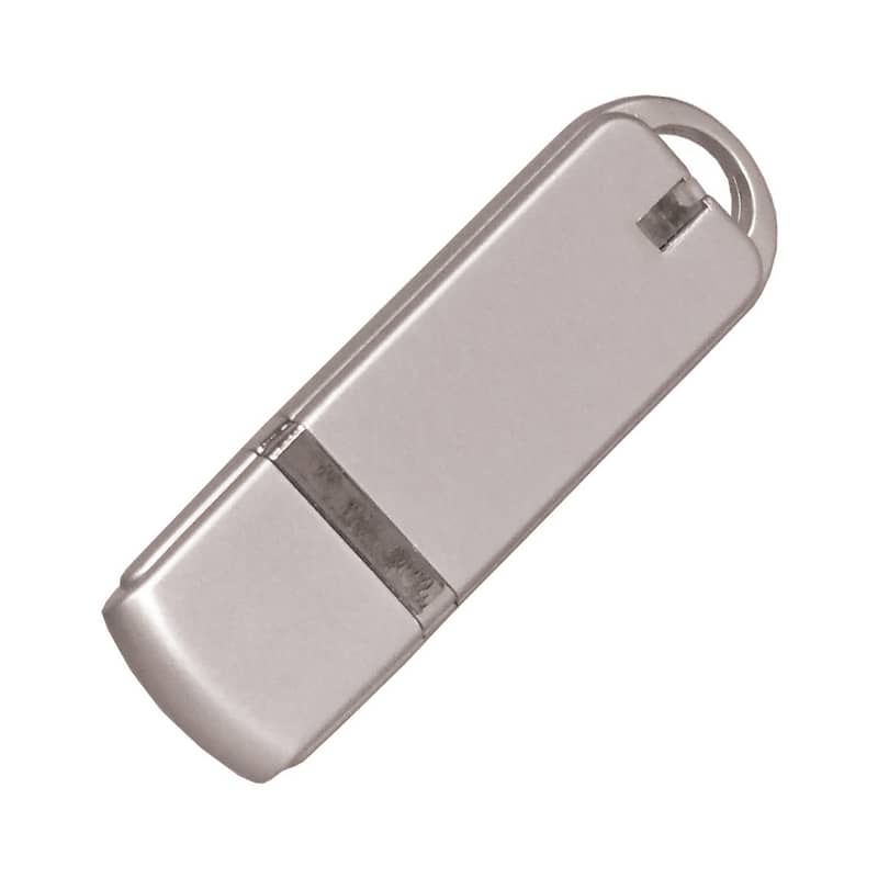 A silver flash drive with a rounded end and a keyring attachment, featuring a simple design and logo. Hearsay Flash Drive - Image 1
