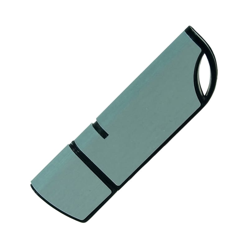 A silver and black flash drive with a sleek design and a small loop for attachment. Stargon Flash Drive - Image 1