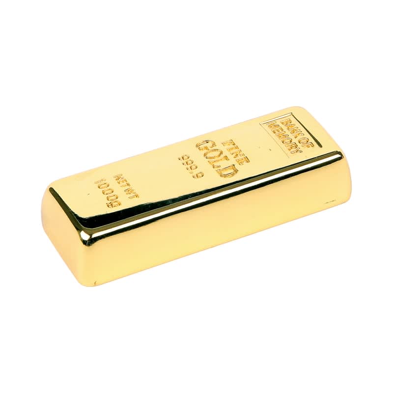 A gold-coloured flash drive shaped like a gold bar, featuring a logo on one side. Gold Bar Flash Drive - Image 1
