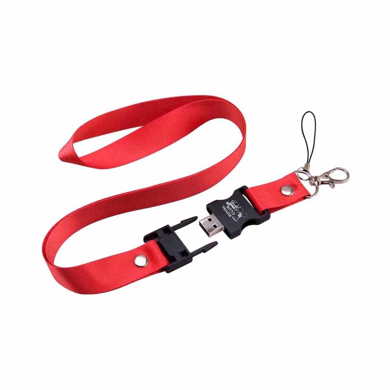 A red lanyard with a USB flash drive attachment and a keyring clip, featuring a small logo. USB Lanyard Flash Drive - Image 1