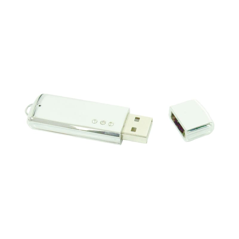 A silver flash drive with a removable cap, featuring three indicator lights. It has a sleek, shiny design. Chrome Diamante Flash Drive - Image 1