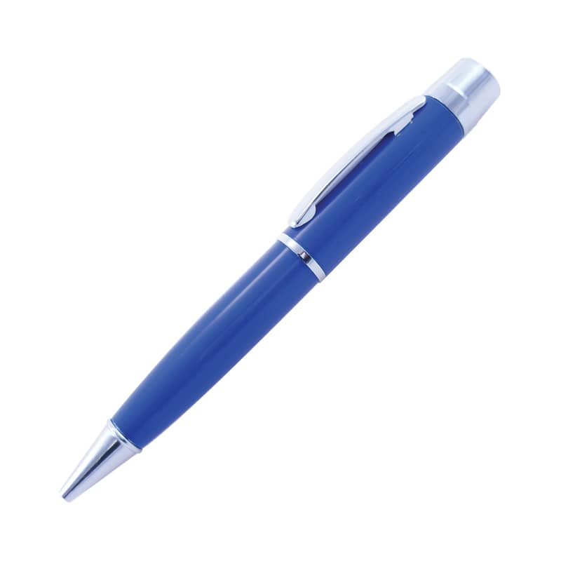 A blue USB pen with a sleek design and a silver clip, featuring branding. Ideal for storage and writing. Havaya USB Pen - Image 1