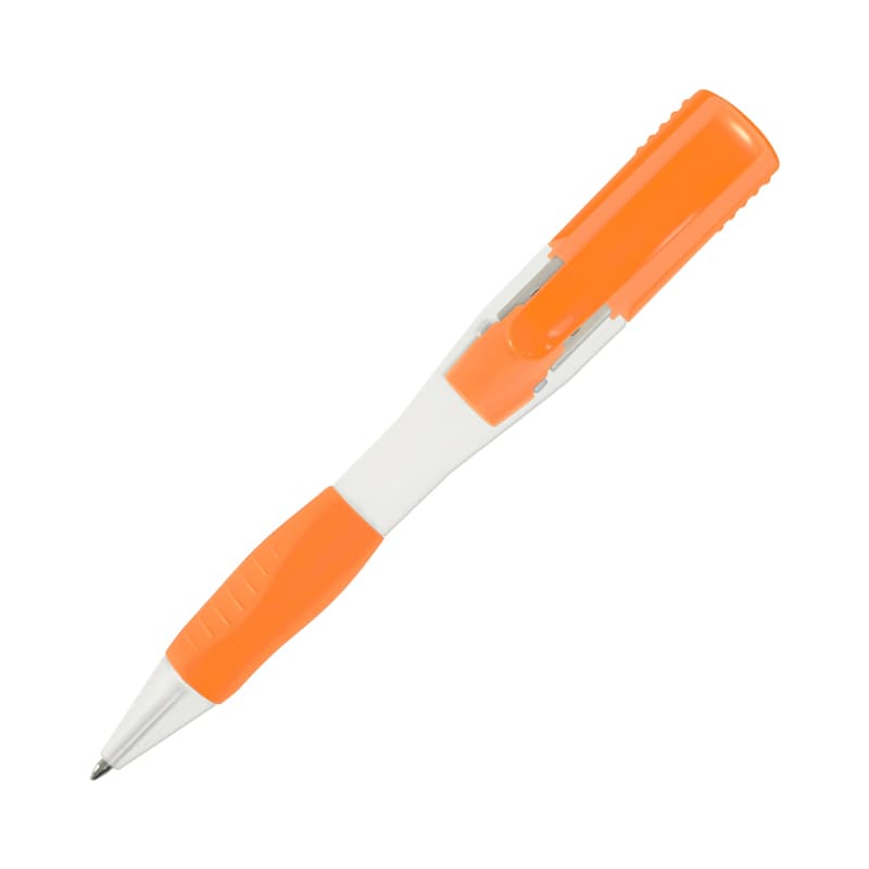 An orange and white pen with a textured grip, featuring a clip and a sleek design. Suitable for promotional use. Trans USB Pen - Image 1