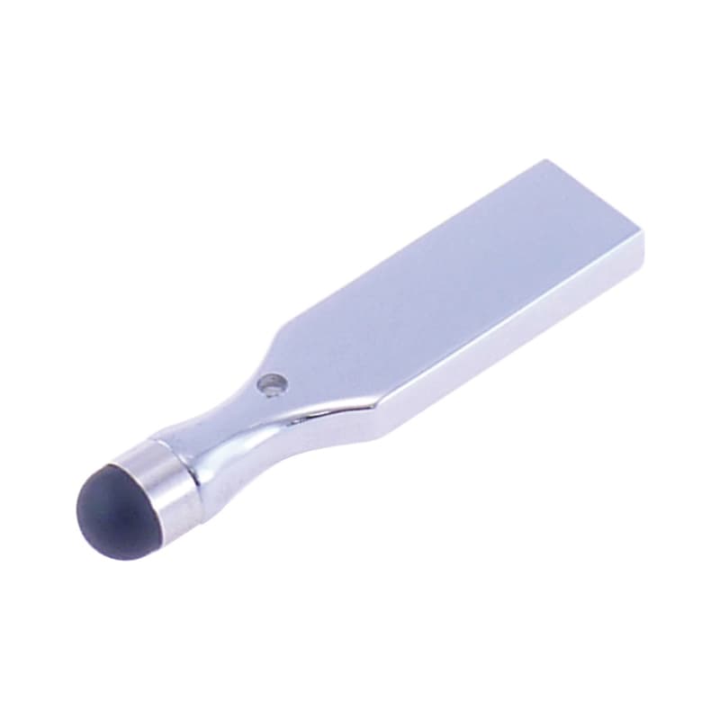 A metallic silver stylus USB drive featuring a rounded tip, designed for easy handling and storage. Stylus USB Drive - Image 1