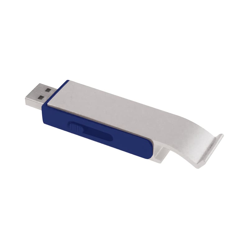 A drink bottle opener with a silver flash drive and a blue sliding mechanism, featuring a logo. Slide Bottle Opener Flash Drive - Image 1