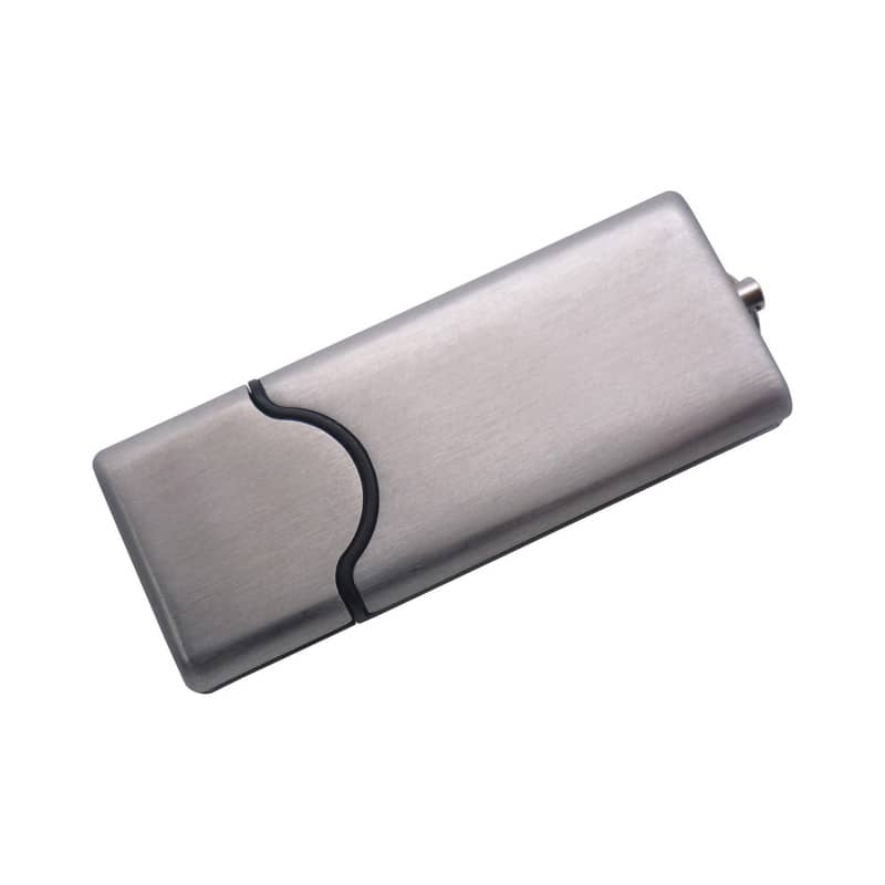 A metallic silver flash drive with a sleek design and a black rubber grip, featuring a branding logo. Plato Flash Drive - Image 1