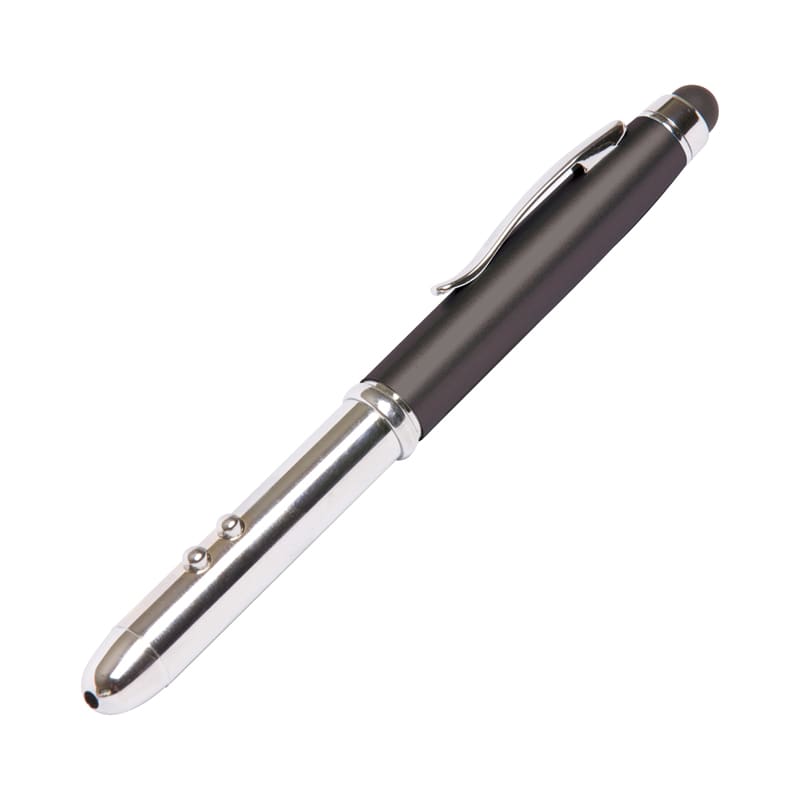 A black and silver stylus 4-in-1 pen with a smooth finish and a clip for easy attachment. Stylus 4n1 Pen - Image 1