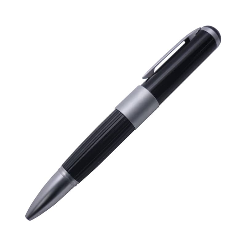 A metal pen in black with silver accents, featuring a sleek design and a clip for easy attachment. Neo USB Pen - Image 1