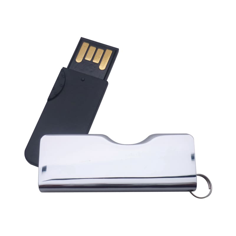 A metallic silver flash drive with a black cap, featuring a keyring attachment and branding. Stardust Flash Drive - Image 1