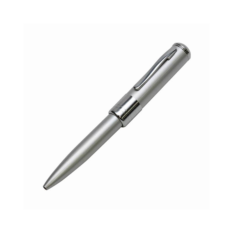 A silver metal pen with a sleek retro design, featuring a clip and a pointed tip, elevated for writing. Retro USB Pen - Image 1