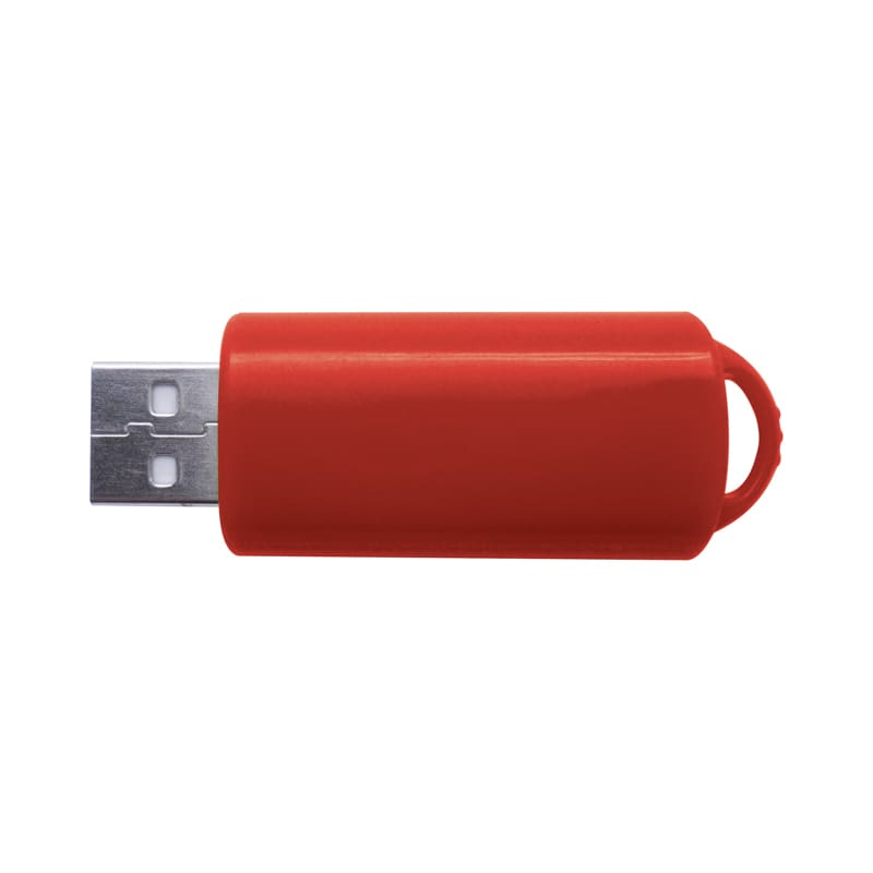 A red Retractor2 Flash Drive with a sleek design and a metal USB connector. It features a logo on the body. Retractor2 Flash Drive - Image 1