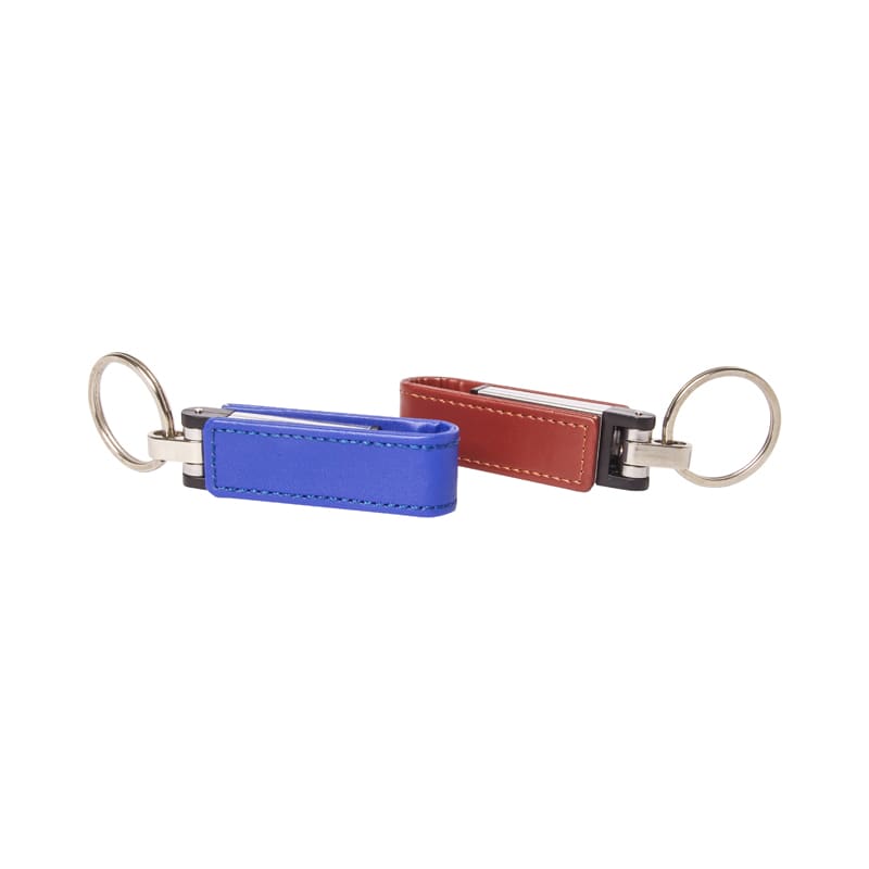 Two flash drives with PU wrap, one blue and one red, both with metal keyring attachments. PU Wrap Leather Flash Drive - Image 1